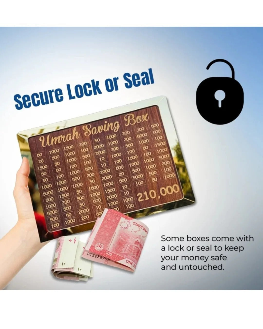 Wooden Umrah Saving Box – Special 210,000 Goal Money Box
